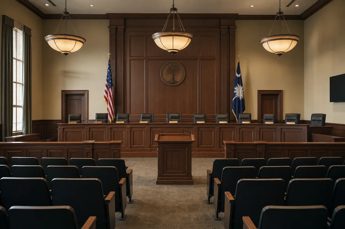An empty county council chamber with the South Carolina flag beside the dais